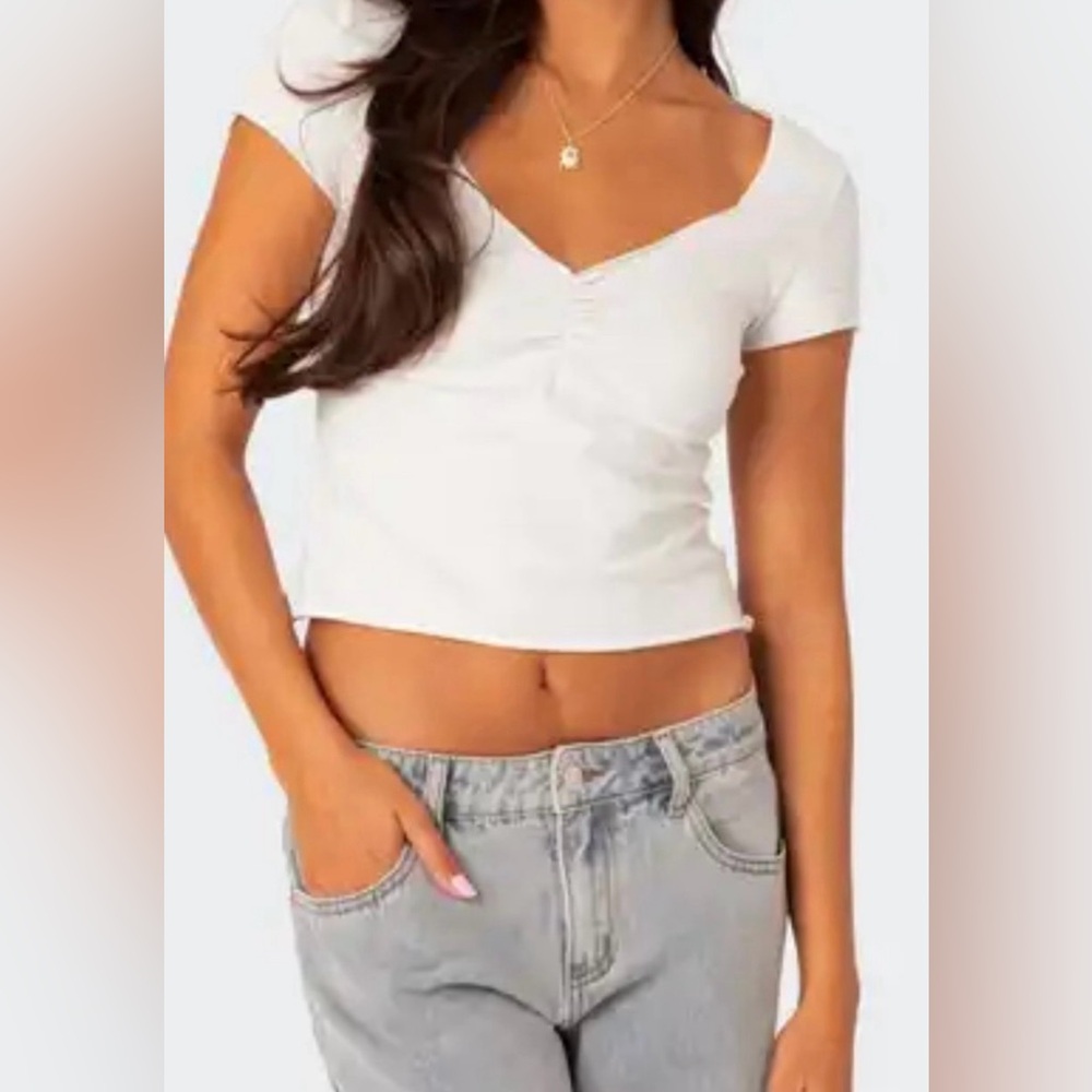 WeWoreWhat Fitted White Cotton Jersey Cap Sleeve Ruched Tee Size Medium